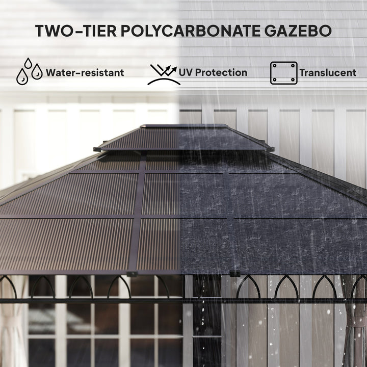 3.6 x 3 (m) Outdoor Polycarbonate Gazebo, Double Roof Hard Top Gazebo with Nettings & Curtains for Garden, Lawn, Patio