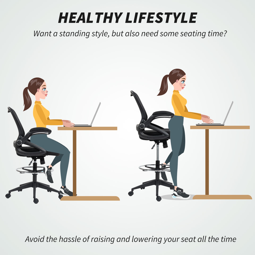 Drafting Chair with Flip-up Armrest, Mesh Office Stool with Foot Ring, 360 Degree Swivel Height Adjustable Chair for Standing Desk, Black