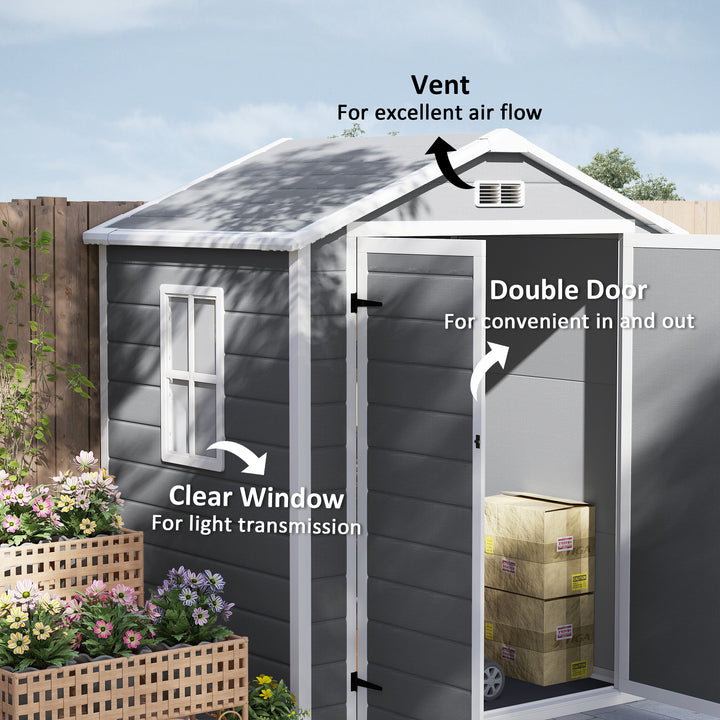 6'x4.5' Garden Storage Shed, Lockable Garden Shed with Double Doors, Window, Vent and Plastic Roof, Grey