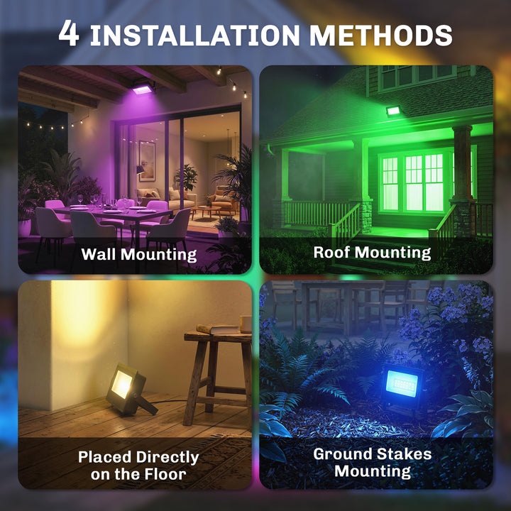 32W LED Floodlights, Linkable 4-Pack Landscape Lighting with Remote Co