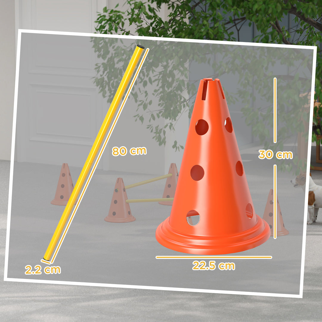 Dog Agility Equipment Set of Six Cones, Six Poles with Carry Bag, Three-Piece Adjustable Height Jumping Obstacles Orange