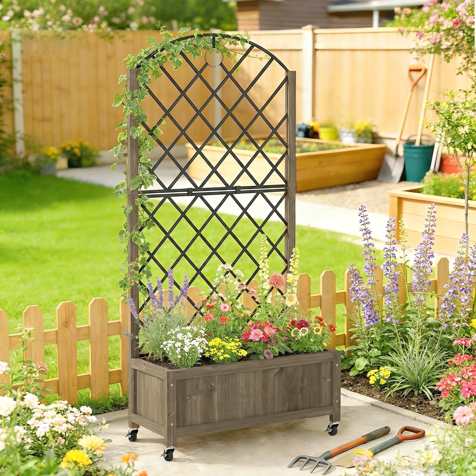 Raised Garden Bed with Metal Trellis, Wooden Elevated Planter Box w/Lo