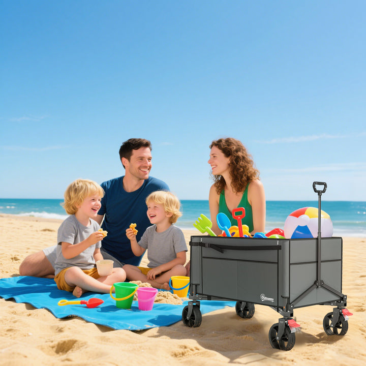 Festival Trolley on Wheels, 150L Folding Camping Trolley Cart with Openable Sides, Adjustable Handle and Brakes for Shopping Beach Garden Fishing, Grey