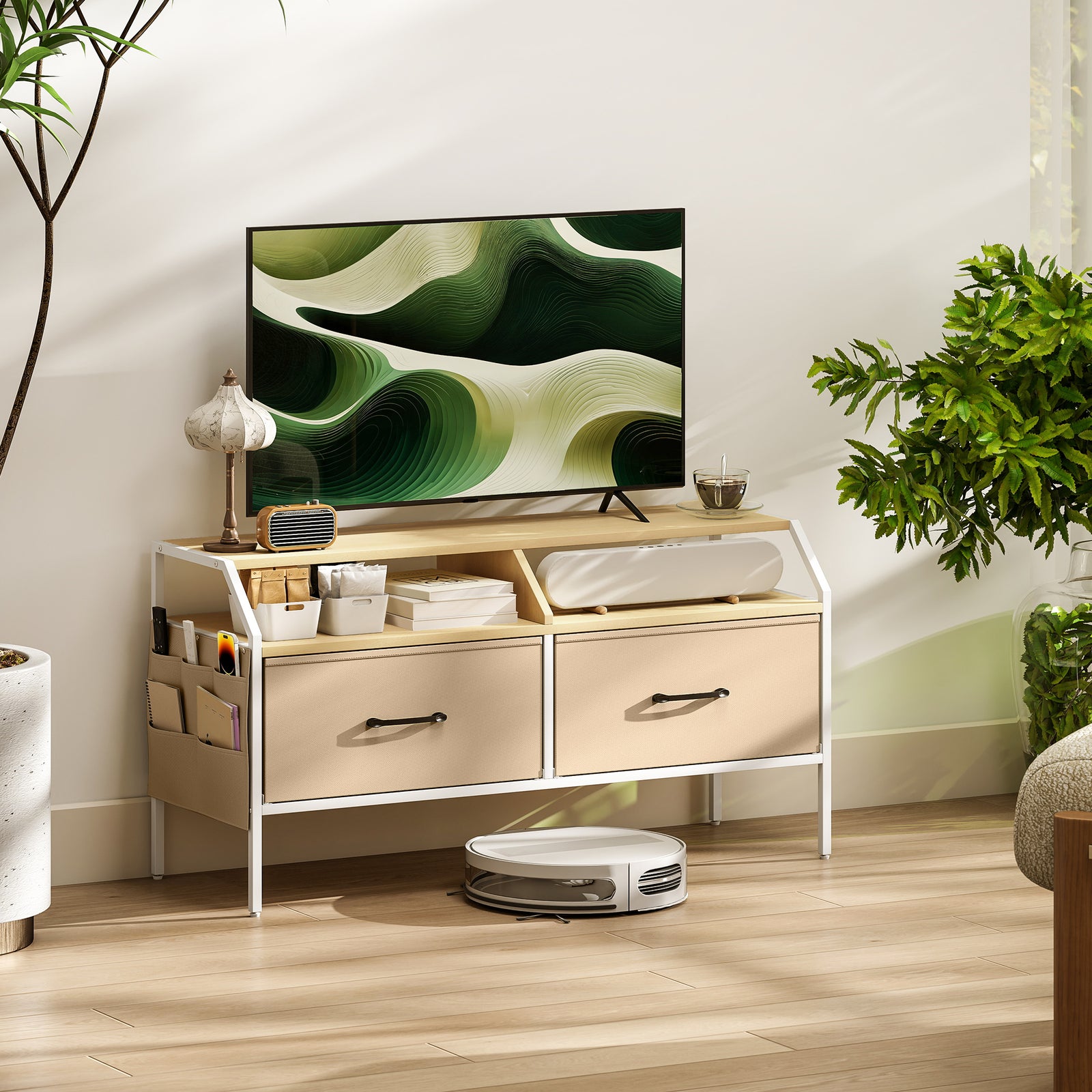 TV Stand Cabinet, TV Unit for 55-inch TVs with 2 Foldable Fabric Drawers, 5 Divided Side Pockets, Open Shelves, Console Table for Living Room, Bedroom, Entertainment Room, Natural Wood Finish