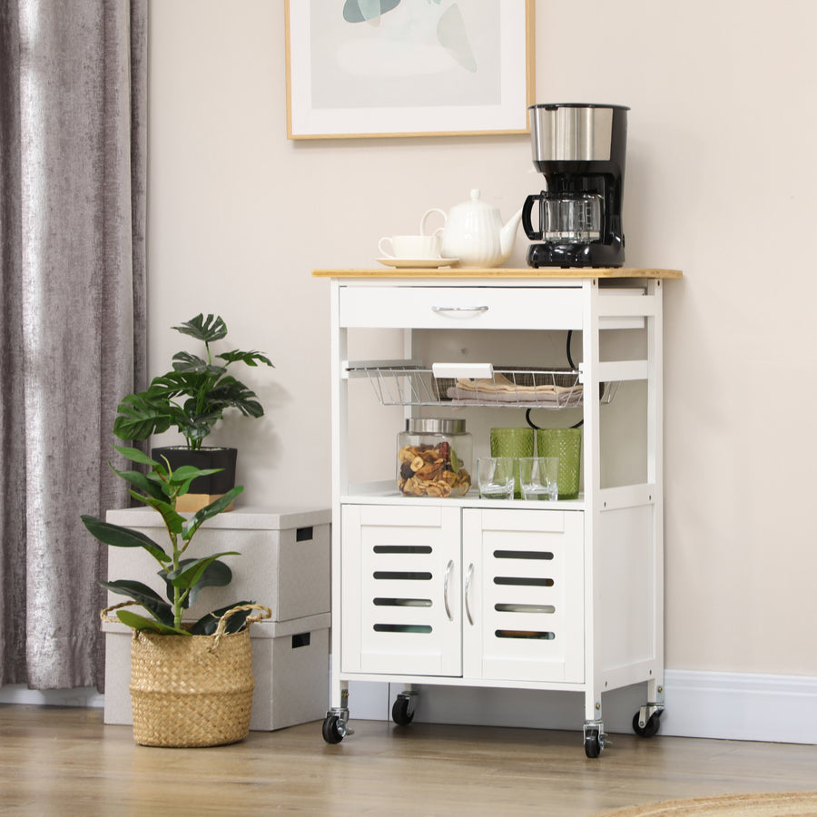 Rolling Kitchen Island Trolley Utility Cart on Wheels with Bamboo Table Top, Storage Cabinet, Drawer and Wire Basket
