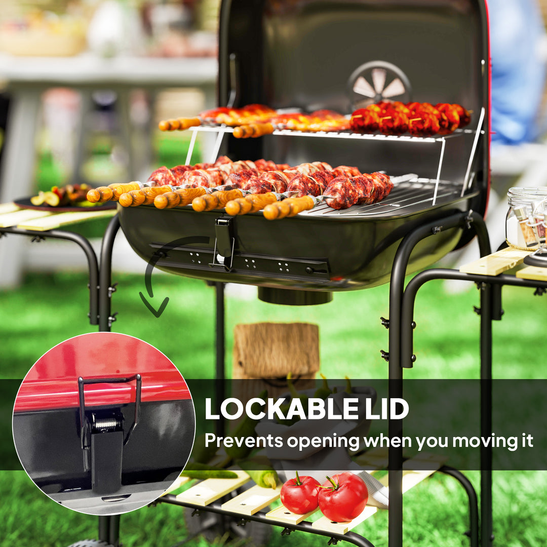Charcoal Barbecue Grill Portable BBQ Grill with 1840 cm² Cooking Area, 3 Shelves, Adjustable Vent, Lockable Lid, Wheels for Outdoor Cooking, Garden Party, Red