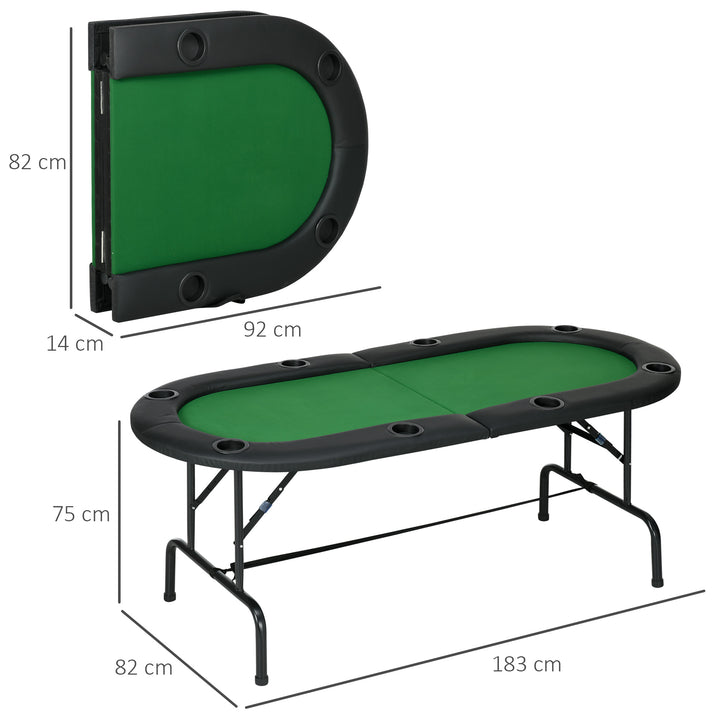 8 Player Folding Poker Table, Oval Portable Blackjack Casino Table with Cup Holder, Felt Top and Metal Base, 183 x 82 x 75cm, Green and Black
