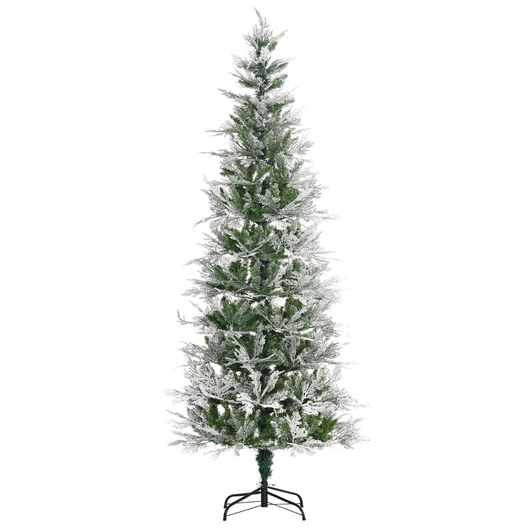 MCL 7 Ft Pencil Snow Flocked Artificial Christmas Tree with Realistic Cypress Branches, Auto Open, Green