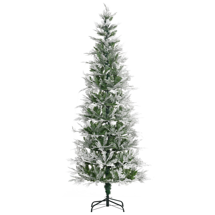 MCL 7 Ft Pencil Snow Flocked Artificial Christmas Tree with Realistic Cypress Branches, Auto Open, Green