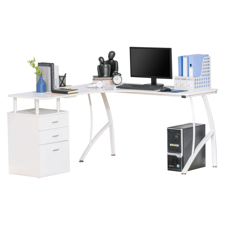 HOMCOM L-Shaped Computer Desk Table with Storage Drawer Home Office Corner Industrial Style Workstation, White | Aosom UK