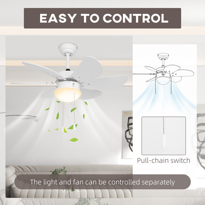 HOMCOM Ceiling Fan Lights with Reversible 6-Blade and Pull-Chain Operation, Flush Mount Light, 3 Speeds Ceiling Fan with Light, White | Aosom UK