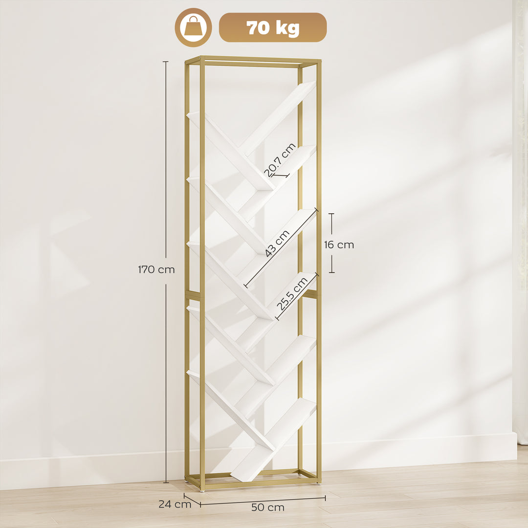 10 Shelf Modern-Style Bookshelf - Gold Tone/White
