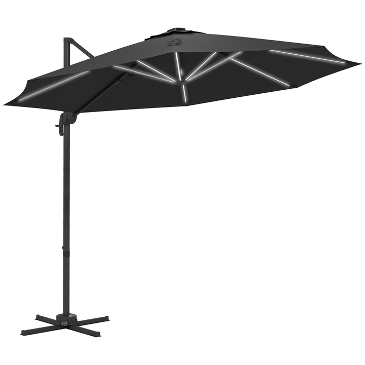 Outsunny Waterproof 3(m) Adjustable Cantilever Parasol with Base, Solar LED Lights, Dark Grey | Aosom UK