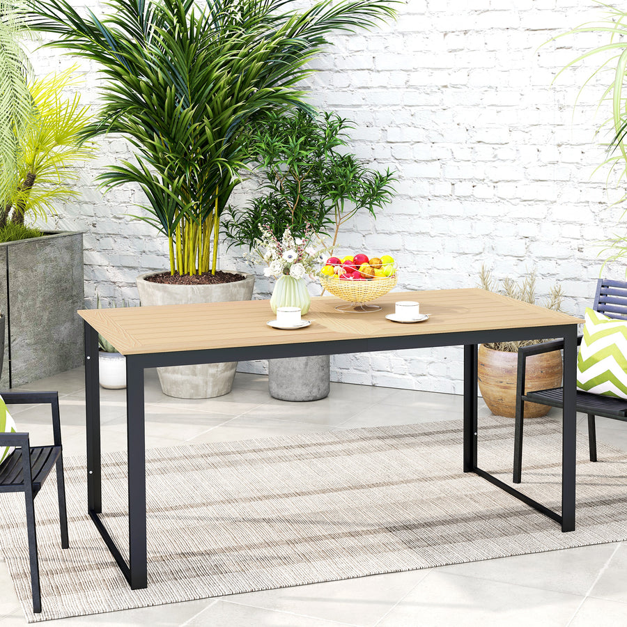 Garden Table for 6 People, 160 x 80 x 75 cm Rectangle Outdoor Dining Table with Slatted Top, Metal Frame, for Balcony, Deck, Teak