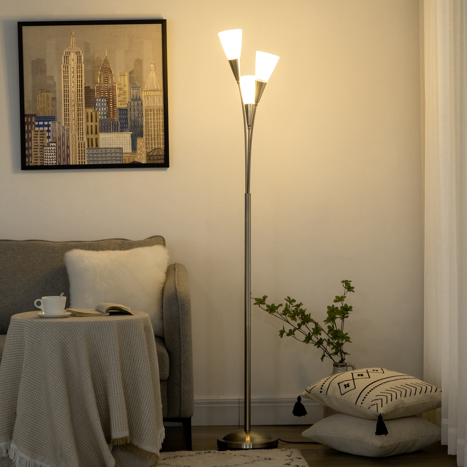 3-Light Upright Floor Lamps for Living Room, Modern Standing Lamp for Bedroom with Steel Base, Bulb not Included, Silver