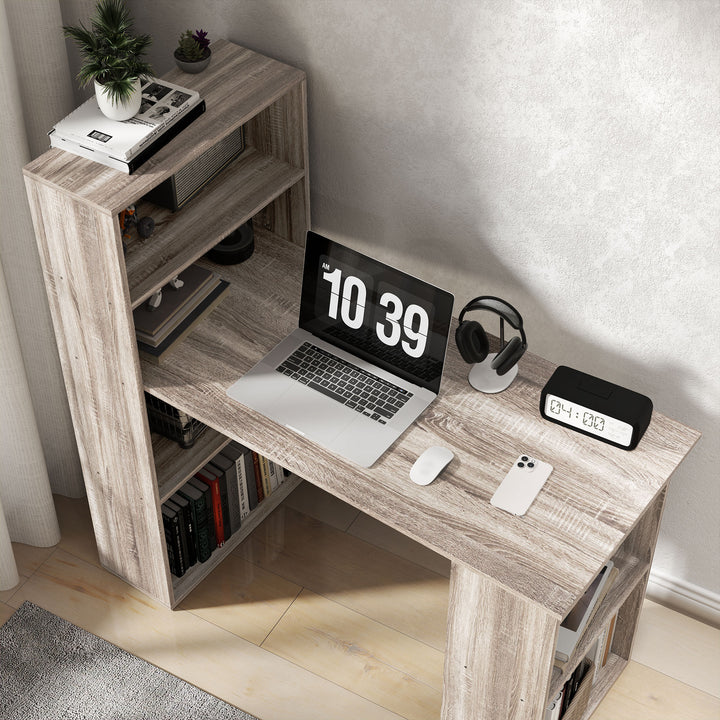 120cm Computer Desk, Wooden PC Laptop Table with 6-Tier Storage Bookshelves, Home Office Working Study Desk, Writing Workstation, Grey