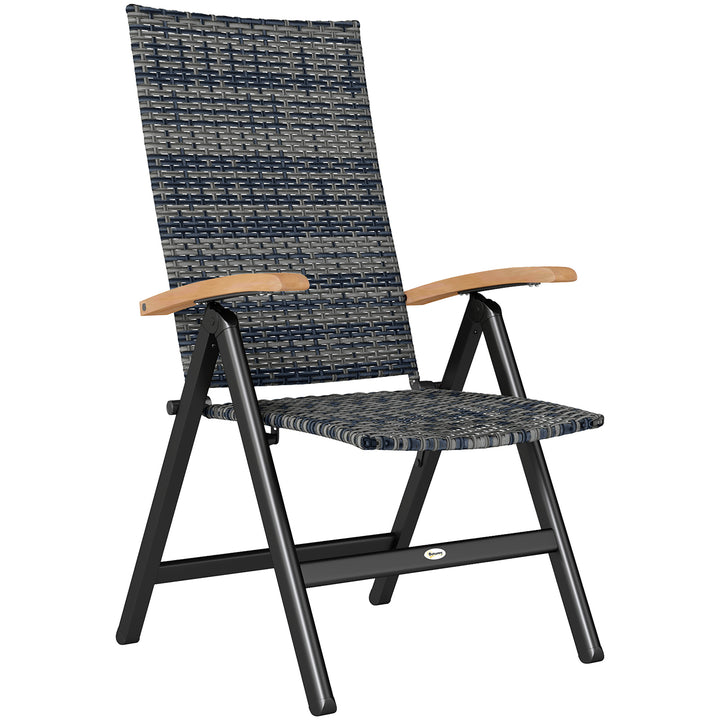 Folding Rattan Garden Dining Chair with 5-level Reclining High Back, Wood Armrests for Outdoor, Patio - Mixed-grey