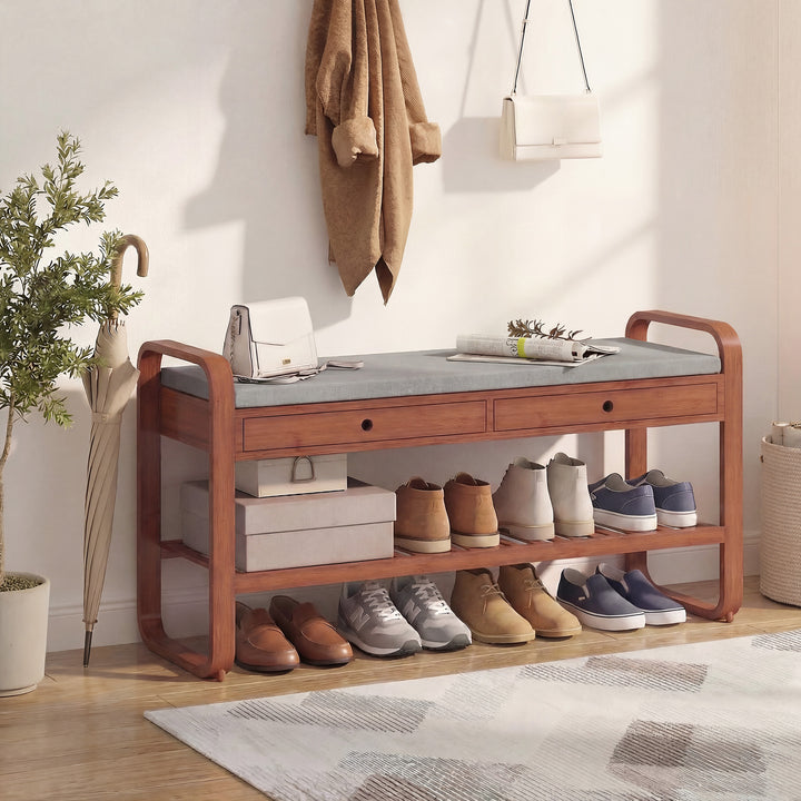 Shoe Bench with 2 Drawers Cushioned Seat Shoe Storage Bench for Hallwa