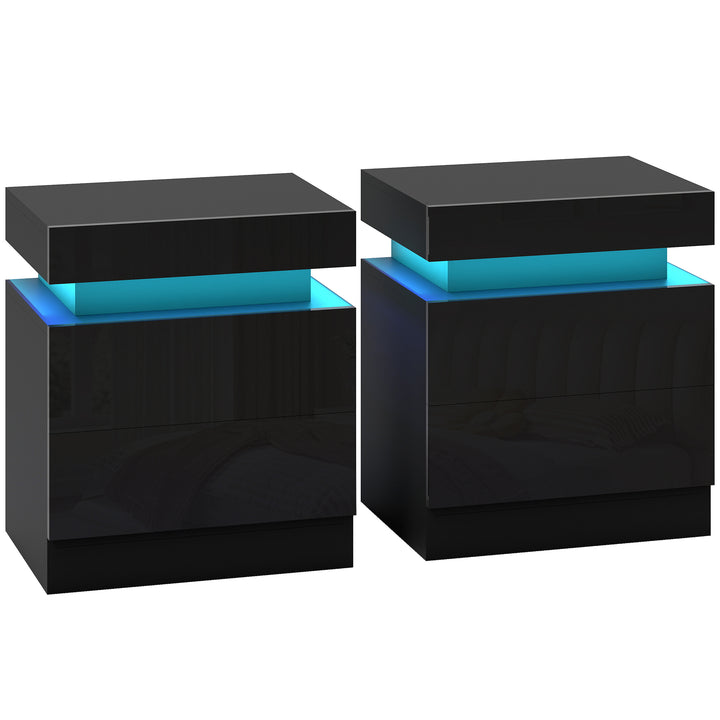 Black Bedside Table with LED Light, High Gloss Front Nightstand with 2