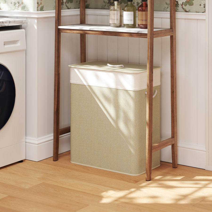 Double Laundry Basket with Lid, 100L Bamboo Laundry Hamper with Rope Handles, Washing Basket with Removable Liner for Bathroom, Bedroom, Cream White