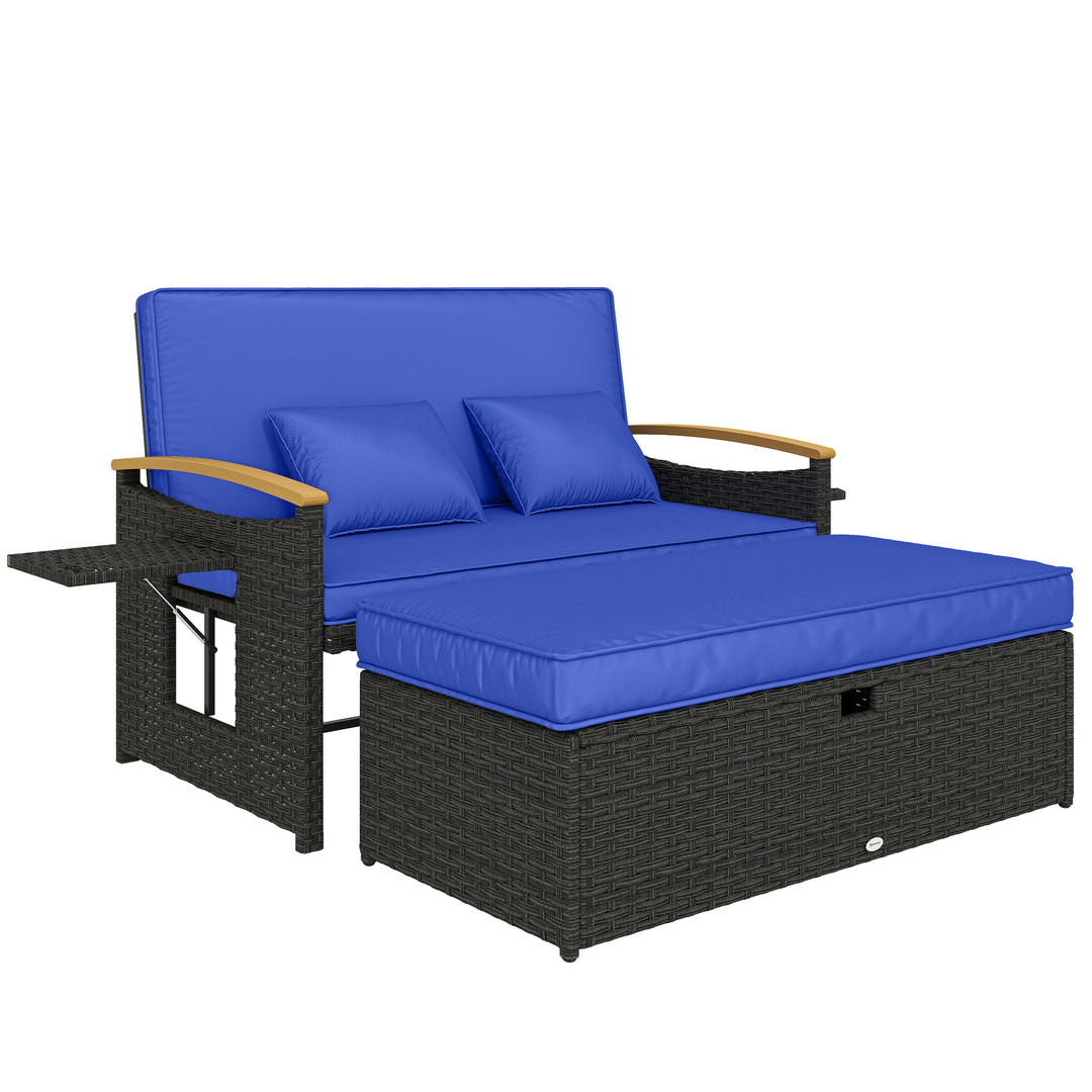 Double Garden Rattan Daybed, Wicker Sun Bed Chaise Lounger with Storag