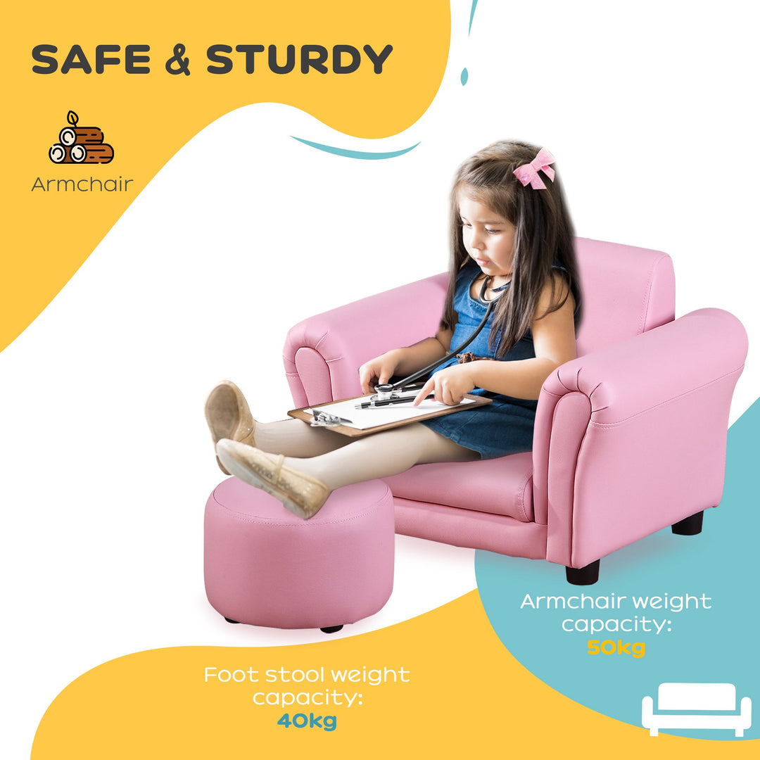 HOMCOM Toddler Chair Single Seater Kids Sofa Set Children Couch Seating Game Chair Seat Armchair w/ Free Footstool (Pink)