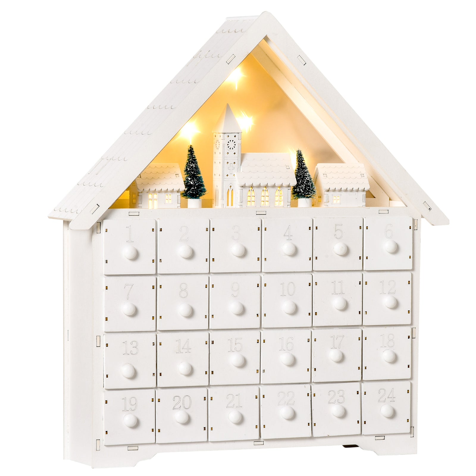 24-Drawer Christmas Advent Calendar, Wooden Light-Up Traditional Decoration, Adults Kids Countdown Holiday House w/ Lights Handle White