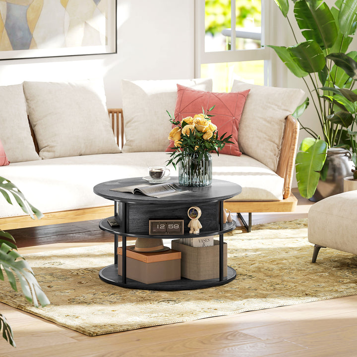 Lift Top Coffee Table, Round Coffee Table with Storage Shelf, Hidden Compartment and Steel Frame for Living Room, Home Office, Charcoal Grey