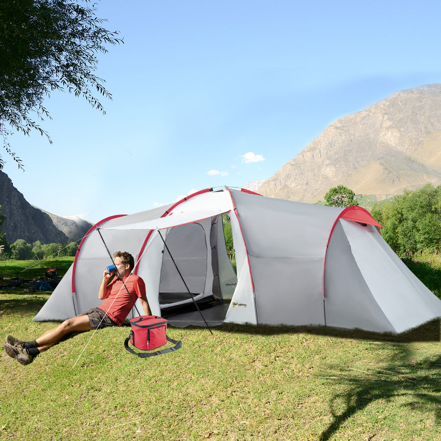 Four-Man Tunnel Tent, with Two Bedrooms and Living Room - Grey/Red