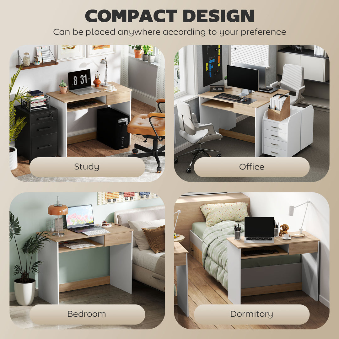 100cm Compact Computer Desk with Keyboard Tray, Home Office Desk with Drawer for Bedroom Study, Oak