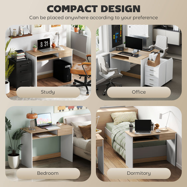 100cm Compact Computer Desk with Keyboard Tray, Home Office Desk with Drawer for Bedroom Study, Oak