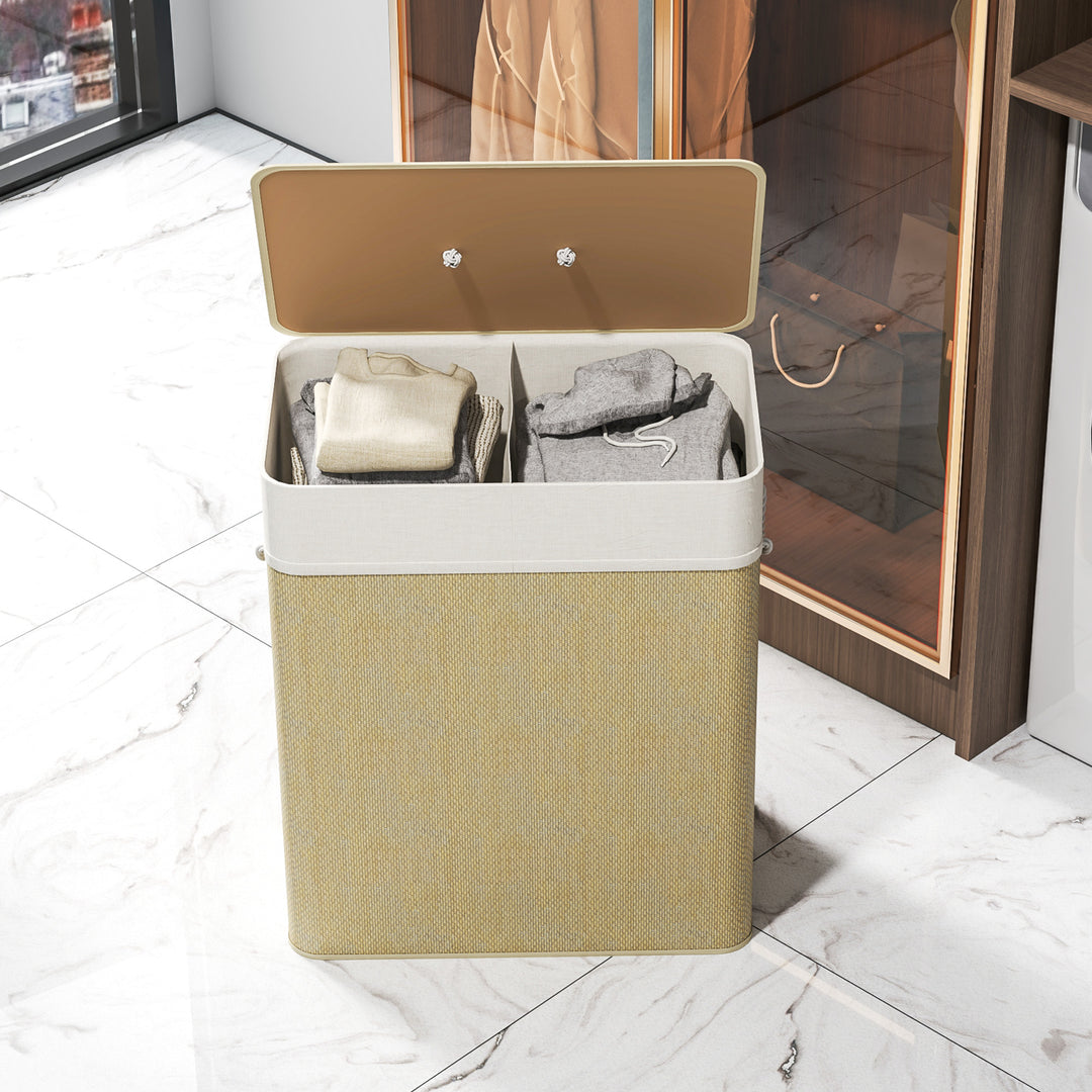 Double Laundry Basket with Lid, 100L Bamboo Laundry Hamper with Rope Handles, Washing Basket with Removable Liner for Bathroom, Bedroom, Cream White