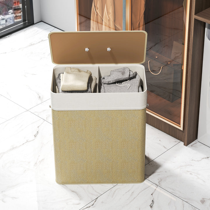 Double Laundry Basket with Lid, 100L Bamboo Laundry Hamper with Rope Handles, Washing Basket with Removable Liner for Bathroom, Bedroom, Cream White