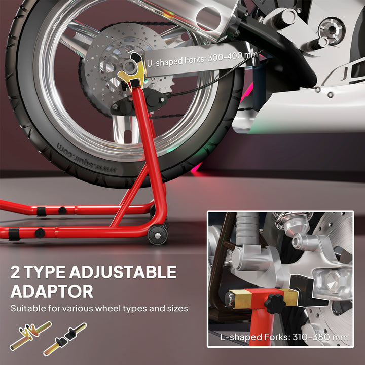 Motorcycle Rear Wheel Stand, 544 kg Capacity Heavy Duty Steel Motorbike Motorcycle Paddock Stand Lift with Adjustable U + L Forks, Wheels, Non-Slip Pads for Workshop Garage Repair, Red