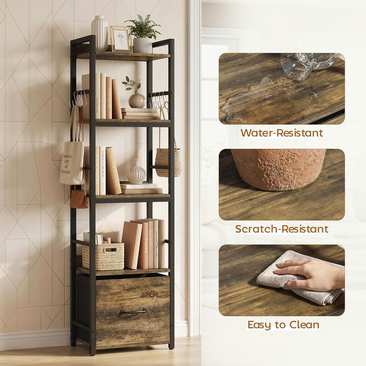 4-Tier Bookshelf, Narrow Bookcase with Drawer, 8 Hooks, Metal Frame, R