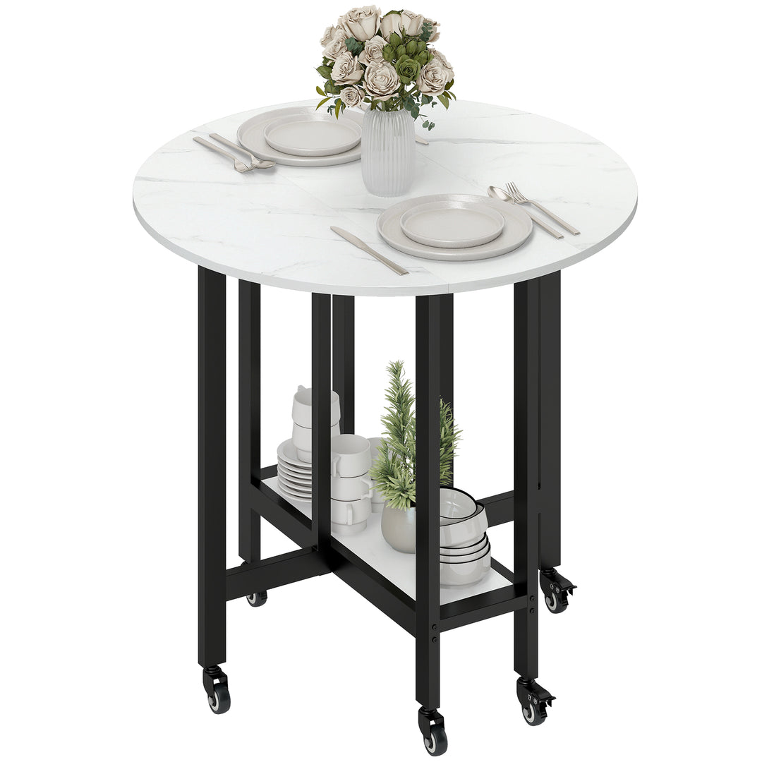 Folding Dining Table, Drop Leaf Table with Open Shelf, Rolling Kitchen