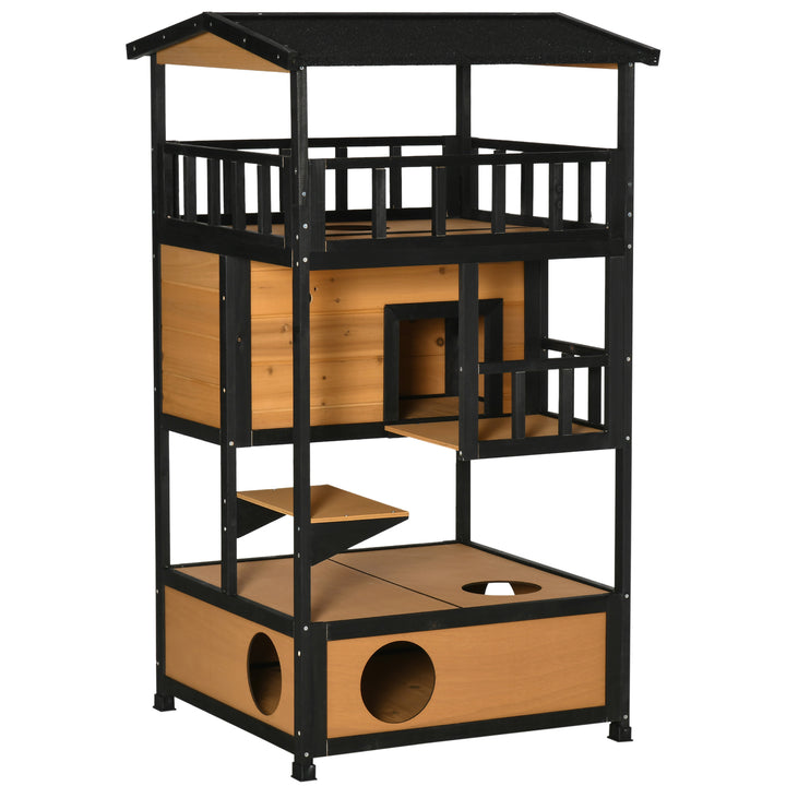 Wooden Outdoor Cat House, 3-Tier Cat Shelter with Tilted Roof, Terrace, Jump Step, Bottom Tray and Elevated Base, Waterproof Paint, Yellow