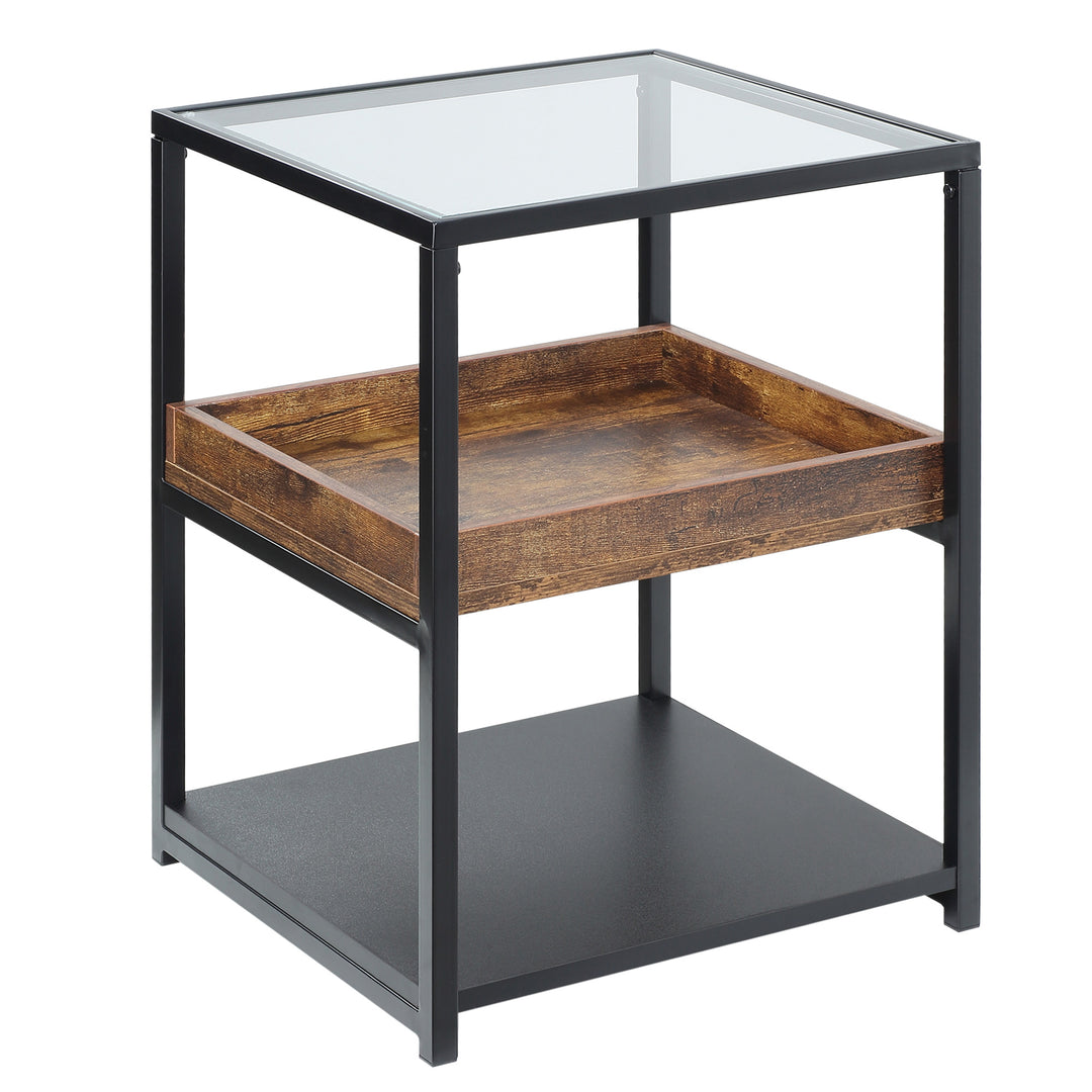 Industrial Side Table, 3-Tier End Table with Glass Top, Storage Shelves, Nightstand with Steel Frame for Bedroom, Living Room, Rustic Brown