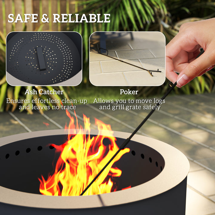 Portable Fire Pit, 58 cm Round Firepit with Grill Grate, Fire Bowl with Ash Catcher and Poker, Fire Pit BBQ for Garden Camping Bonfire Picnic, Black