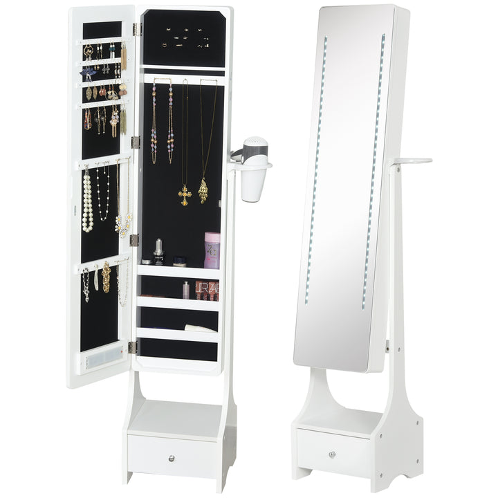 MCL Jewellery Cabinet, Full Length Mirror with Storage, Free Standing Mirror with LED Lights, Hooks, Drawer and Hairdryer Holder for Bedroom, White