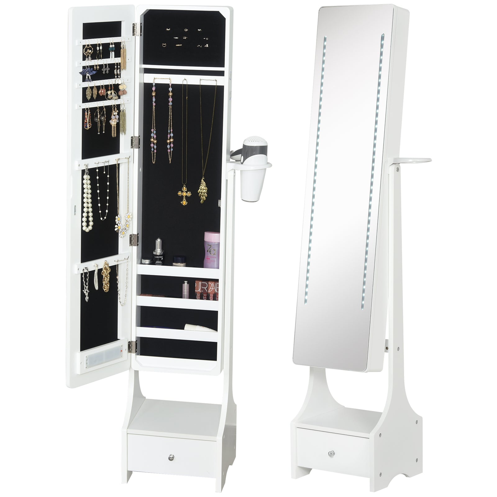 Jewellery Cabinet, Full Length Mirror with Storage, Free Standing Mirror with LED Lights, Hooks, Drawer and Hairdryer Holder for Bedroom, White