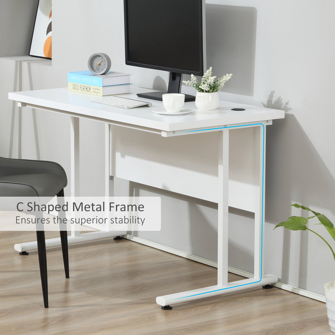 Computer Desk, Home Office Desk, Writing Table, 120x60x75cm Laptop Workstation with 2 Cable Management Holes, C Shaped Metal Legs for Adults, White