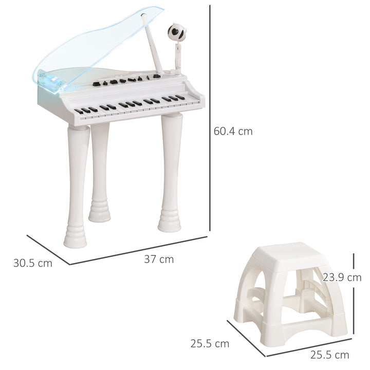 AIYAPLAY Children's 32-Key Electronic Piano Keyboard w/ Stool, Interactive Lights, Microphone, Variety of Sounds for Kids, White | Aosom UK