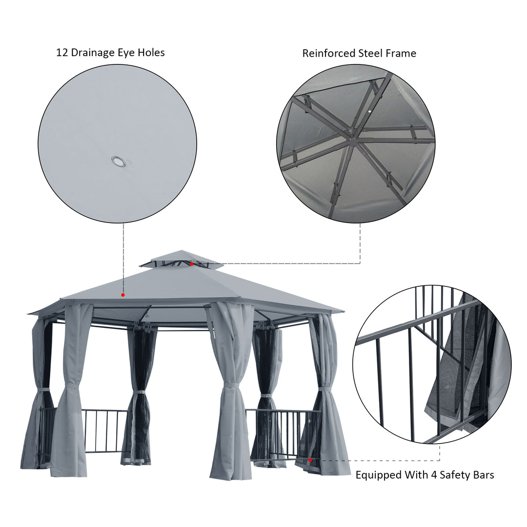 MCL 3 x 3(m) Hexagon Gazebo Patio Canopy Party Tent Outdoor Garden Shelter w/ 2 Tier Roof & Side Panel - Grey