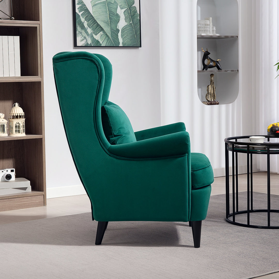 Modern Accent Chair, Upholstered Wingback Armchair with High Backrest and Pillow, Velvet-Feel Fabric Reading Chair with Solid Wood Legs for Living Room, Bedroom, Home Office, Dark Green