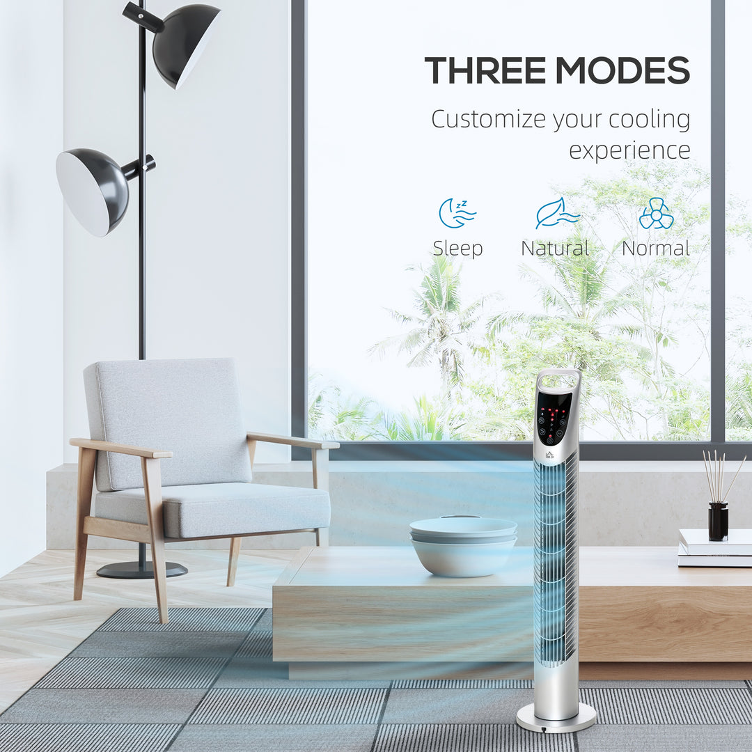 MCL 31" Oscillating Tower Fan with Remote Control, 7.5H Timer, 3 Speed 3 Modes, Electric Floor Standing Cooling Fan for Home Bedroom Office, Silver