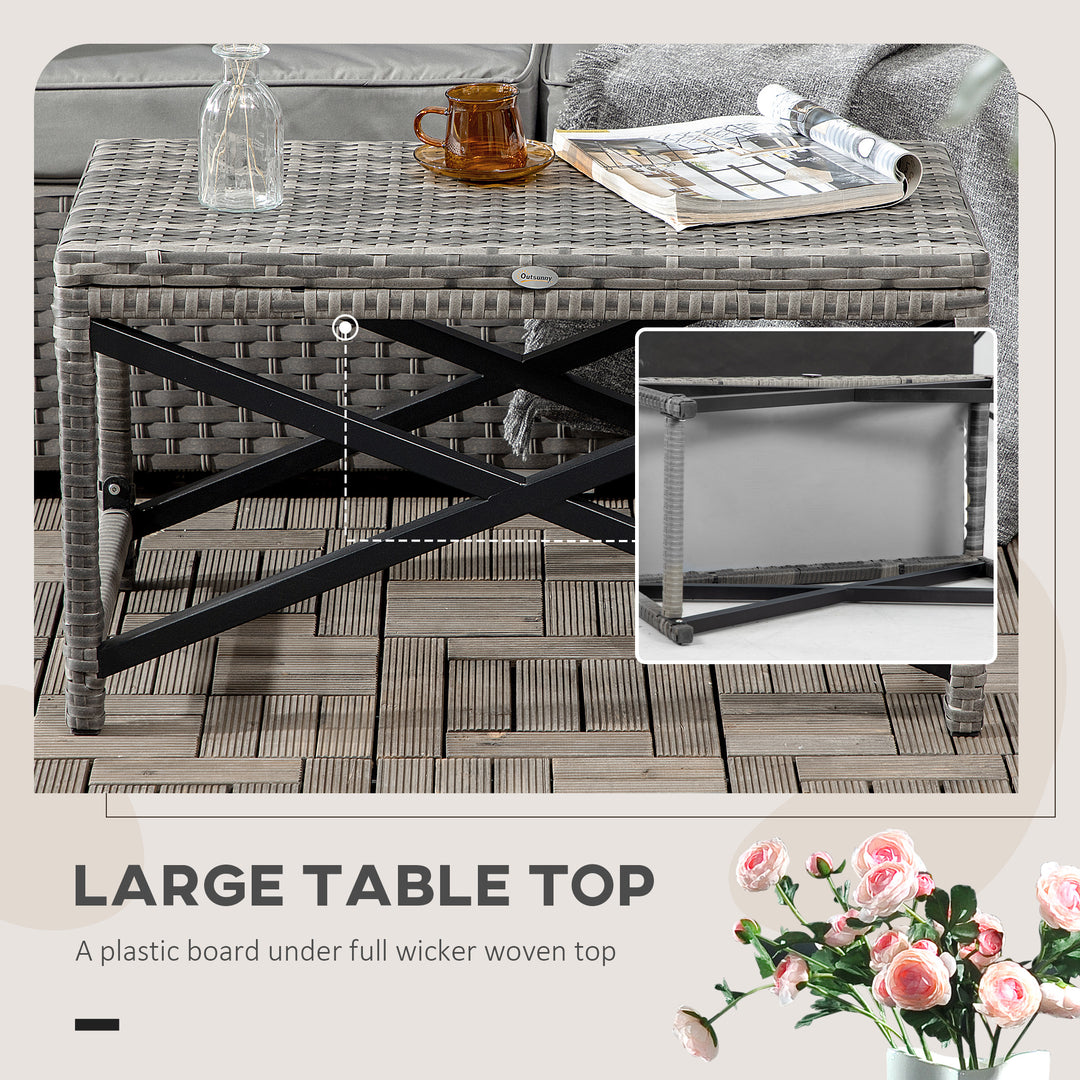 Outdoor Coffee Table, Garden PE Rattan Side Table with Plastic Board Under the Full Woven Table Top and X-Shape Frame for Patio, Balcony, Mixed Grey