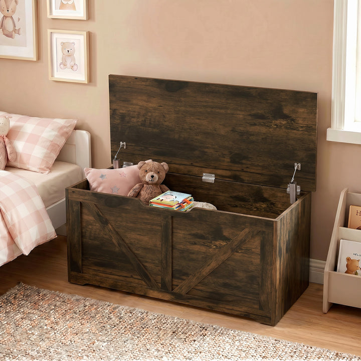 127L Home Storage Box, with Safety Hinges - Rustic Brown Wood-Effect