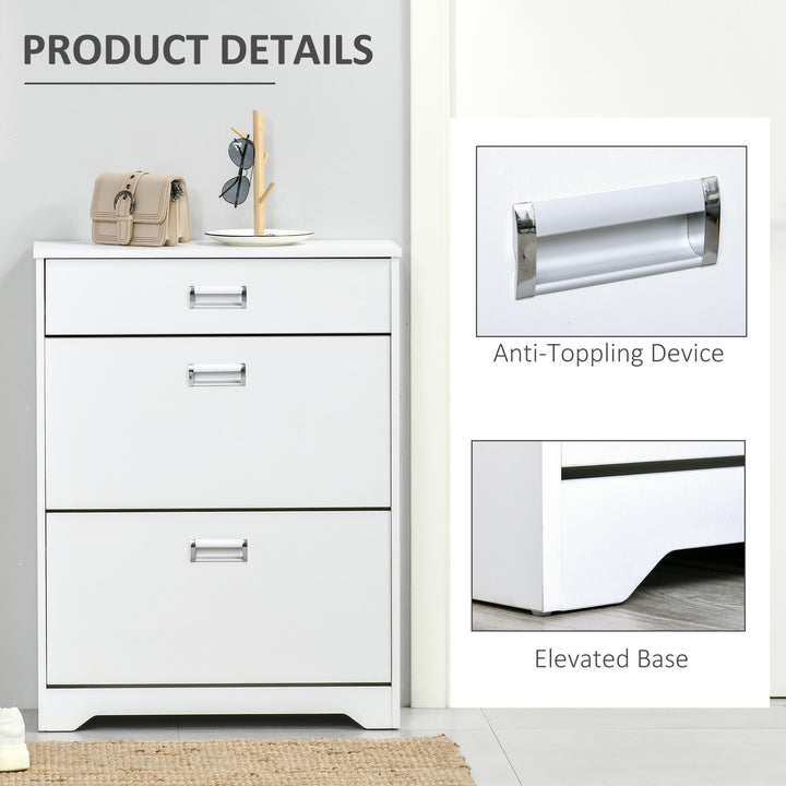 Shoe Cabinet, Slim Shoe Storage Cabinet with Drawer, 2 Flip-up Doors and Adjustable Shelf, Narrow Shoe Cupboard for 16 Pairs of Shoes for Entryway, Hallway, White