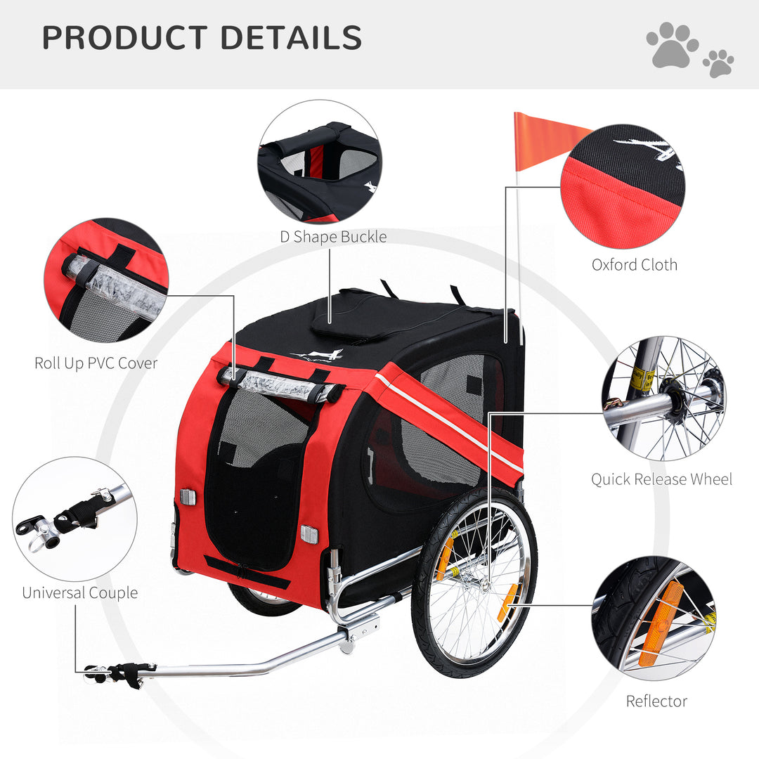 PawHut Folding Dog Bike Trailer, Pet Carrier Bicycle Trailer with Steel Frame Stroller, Red & Black